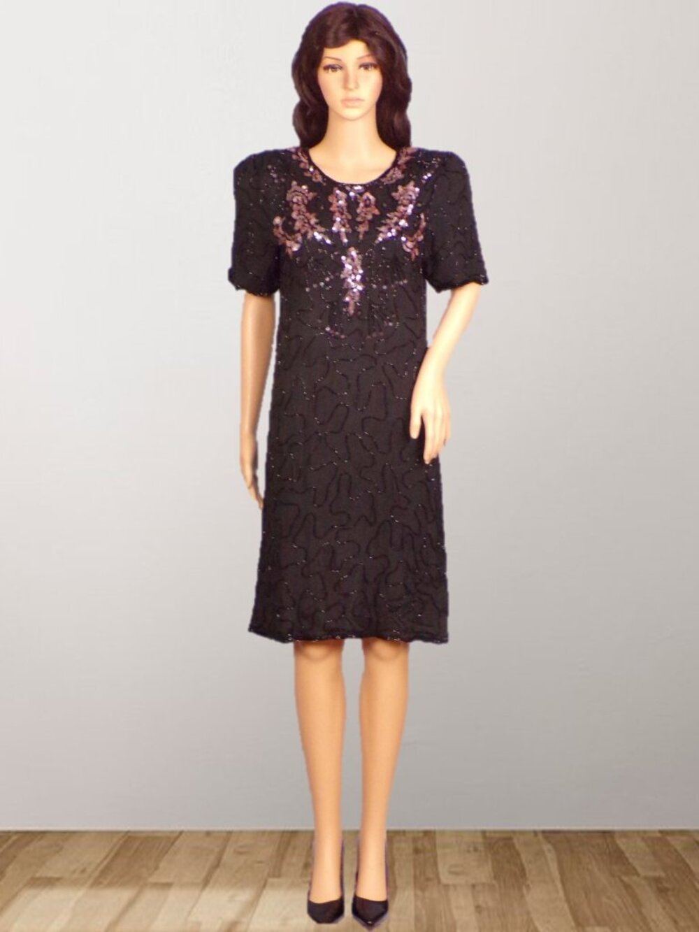 SILK! JESSICA TAYLOR size S black 100% silk sheath dress sequins & beads